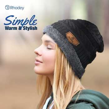 Rhodey topi kupluk rajut pria wanita poliester winter beanie hat